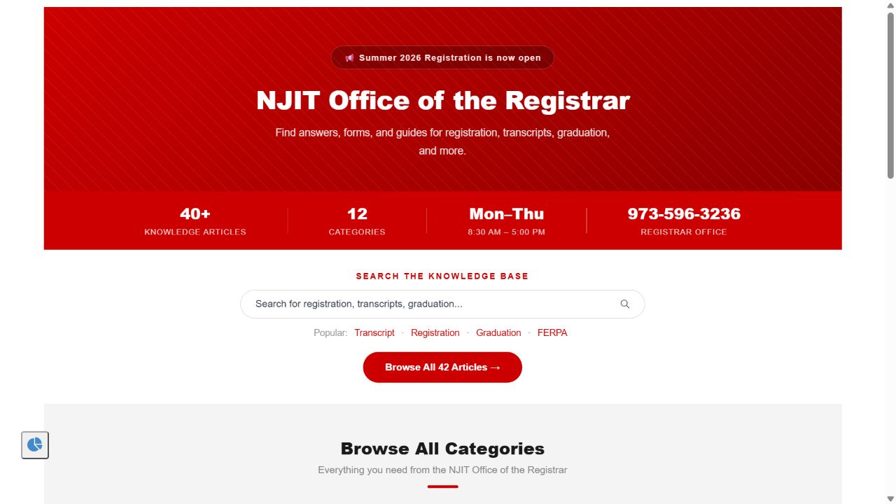 NJIT Registrar school-lab portal showing the knowledge search, article count, categories, hours, and contact information